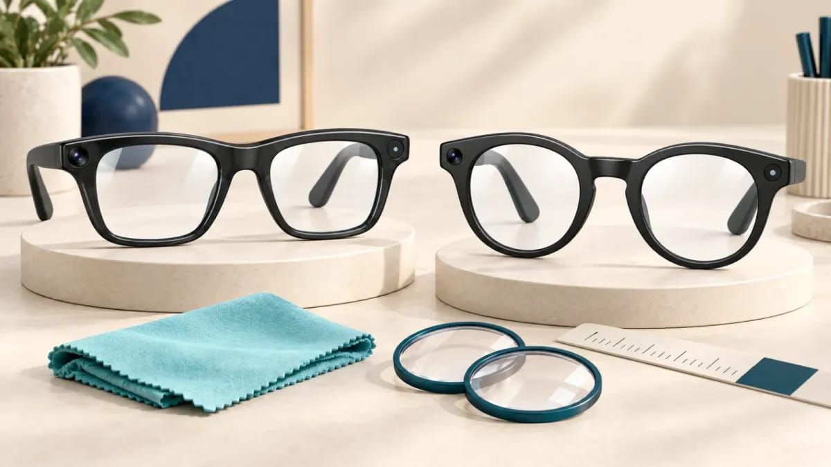 Editorial illustration of rectangular and round optical smart glasses with trial lenses and a cleaning cloth.