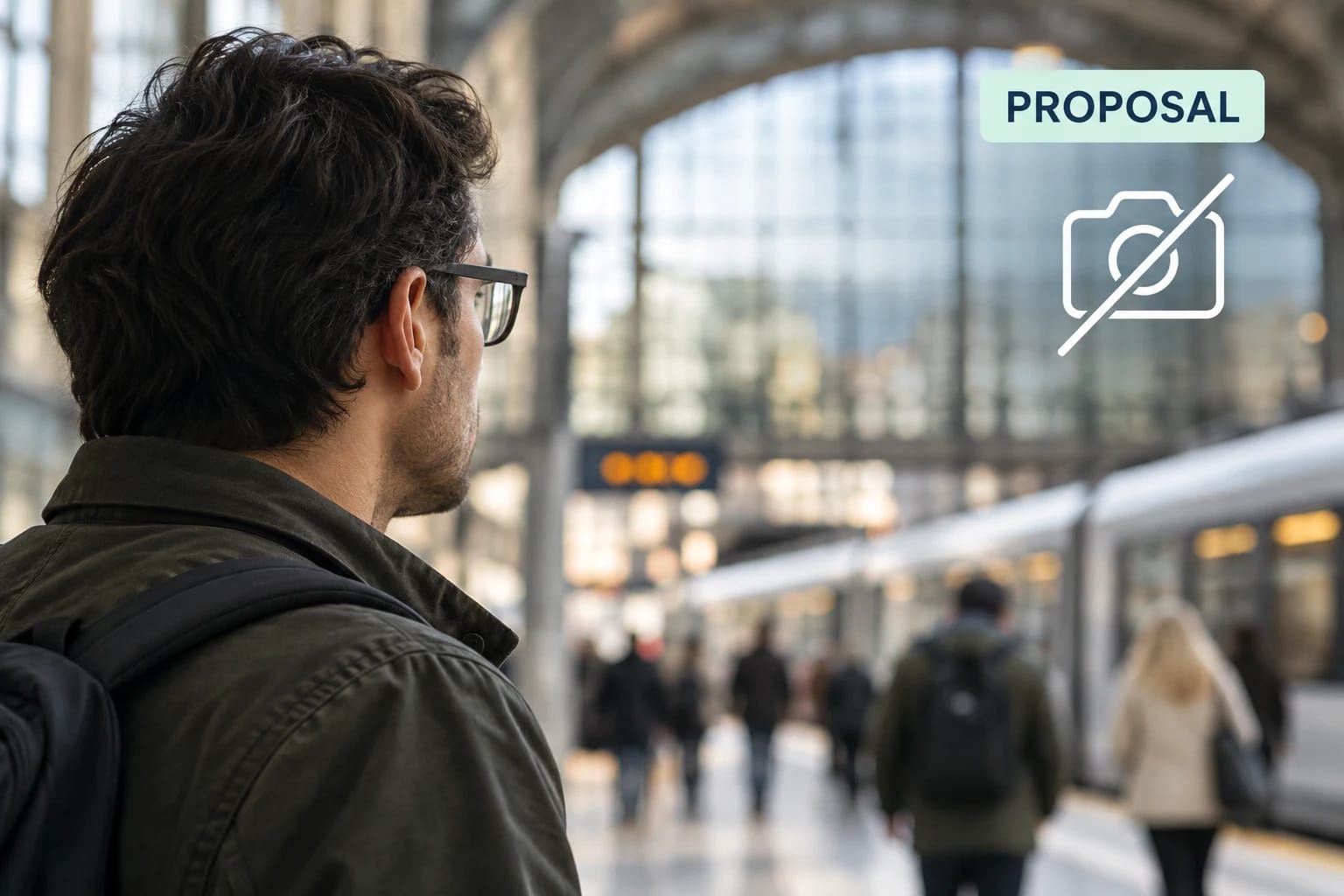 Conceptual illustration of a person wearing glasses in a busy urban transit setting, with a crossed-out camera symbol and a PROPOSAL label.