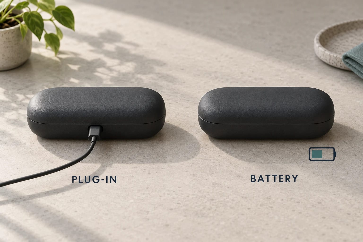 Illustration of two black charging cases on a warm stone surface, with a cable connected to the left case, a battery icon near the right case, a plant, and folded teal fabric.
