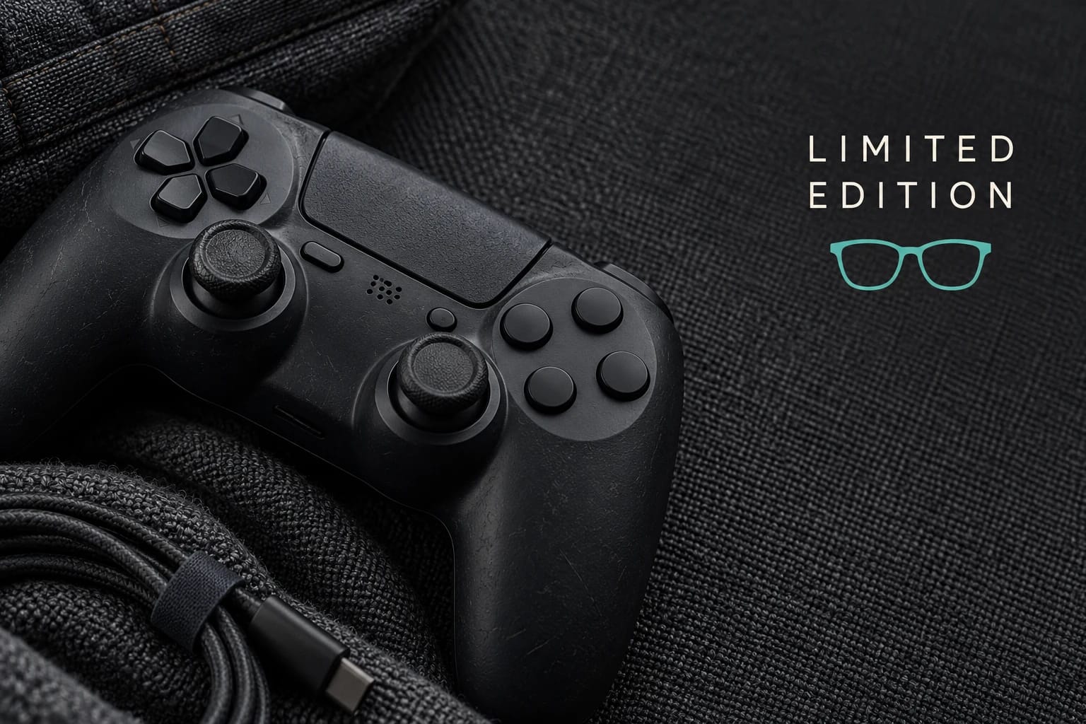 Illustration of a black game controller and cable on dark textured fabric, with a teal glasses icon and the words “LIMITED EDITION.”
