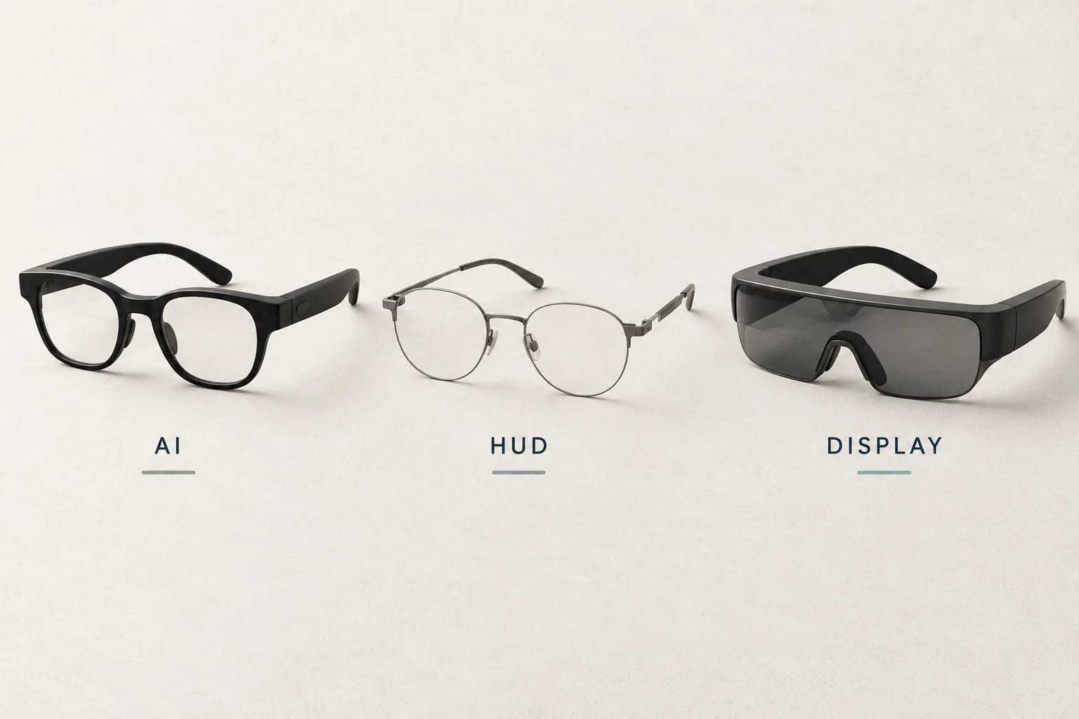 Editorial illustration showing three pairs of glasses arranged across a neutral surface, labeled AI, HUD, and DISPLAY.