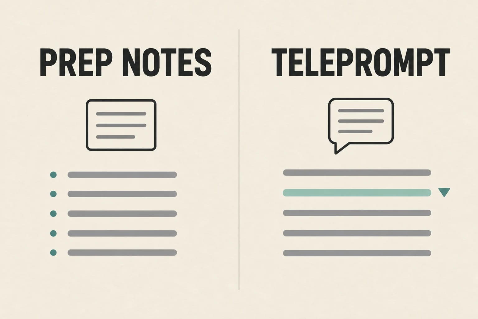 Editorial graphic comparing PREP NOTES and TELEPROMPT, with a document icon, a speech bubble, bullet rows and a highlighted reading line.
