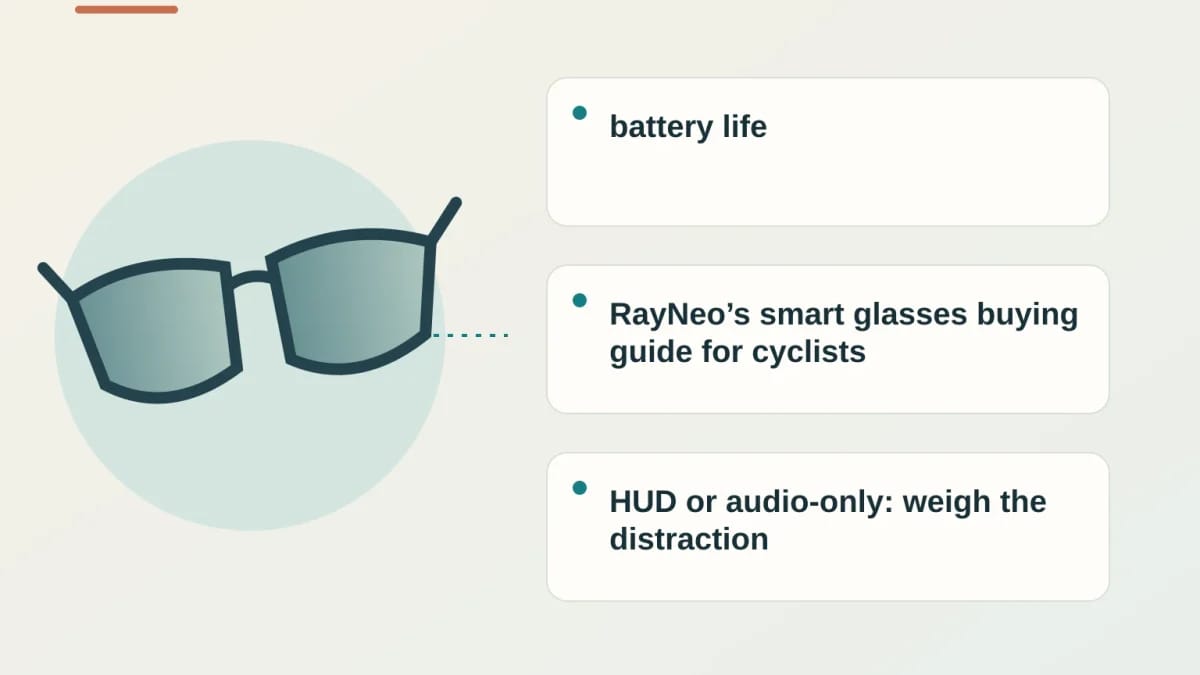 Editorial graphic showing generic smart glasses beside three labeled guidance cards about battery life and cycling distractions.