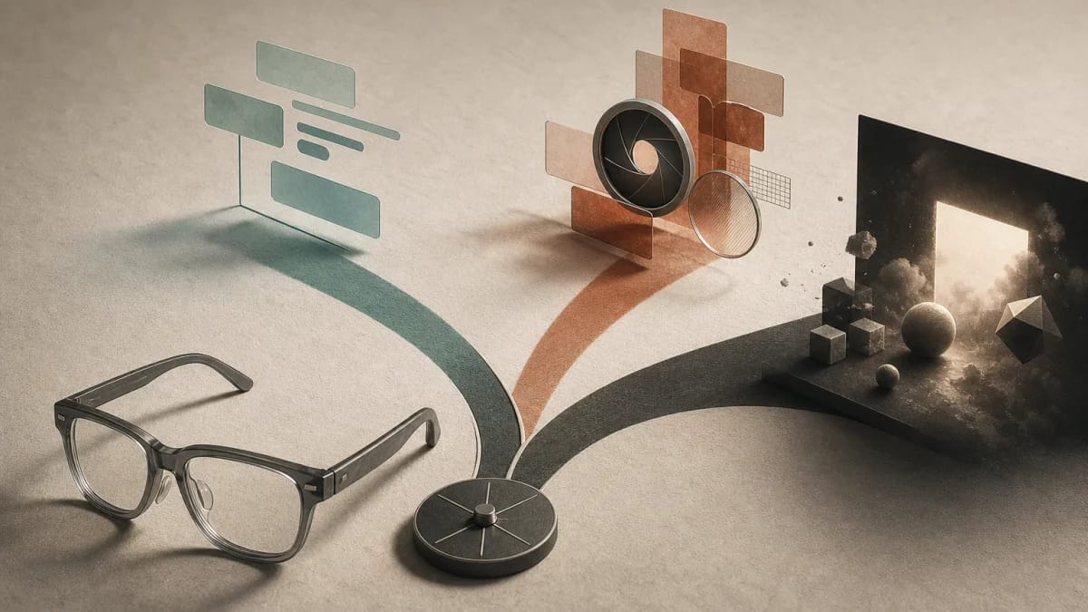 An editorial illustration shows eyeglasses beside abstract camera, display, and connected technology forms on a warm neutral surface.