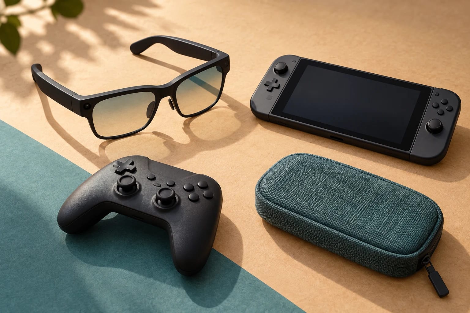 An illustration of glasses, a handheld game console, a controller and a teal zippered case on a sunlit surface.