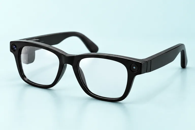 Black smart glasses on a pale aqua surface, editorial reference image